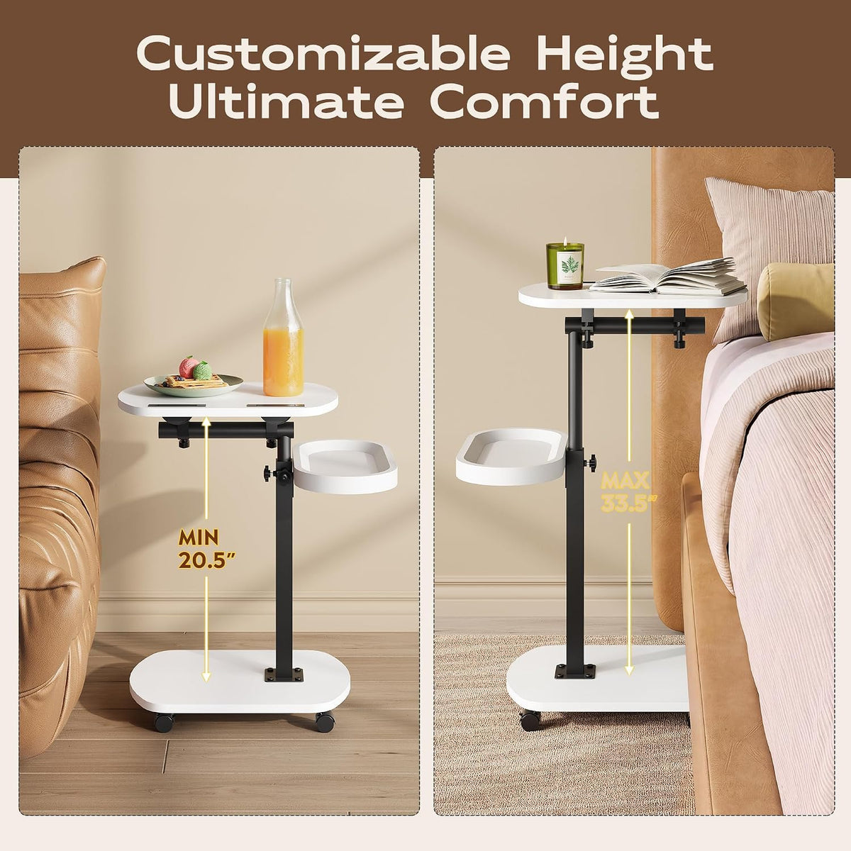 WLIVE C Shaped End Table Adjustable Height 360 Swivel TV Tray Rolling Cup - Image 3