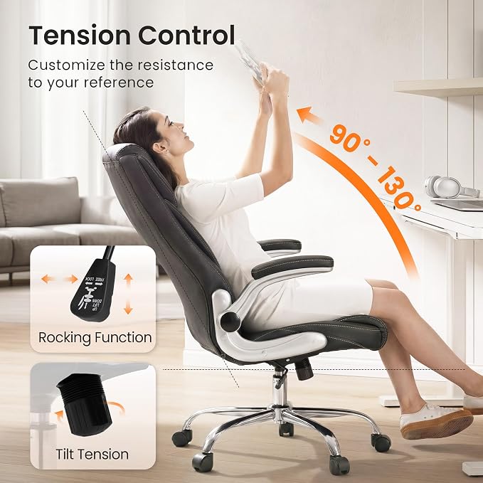 NEO CHAIR Ergonomic Office Chair, Executive Leather Chair, Lumbar Support | Executive Desk Chair with High Back, Flip-Up Arms and Wide Seat, Comfortable Gaming Chair for Home Office, Black - Image 5
