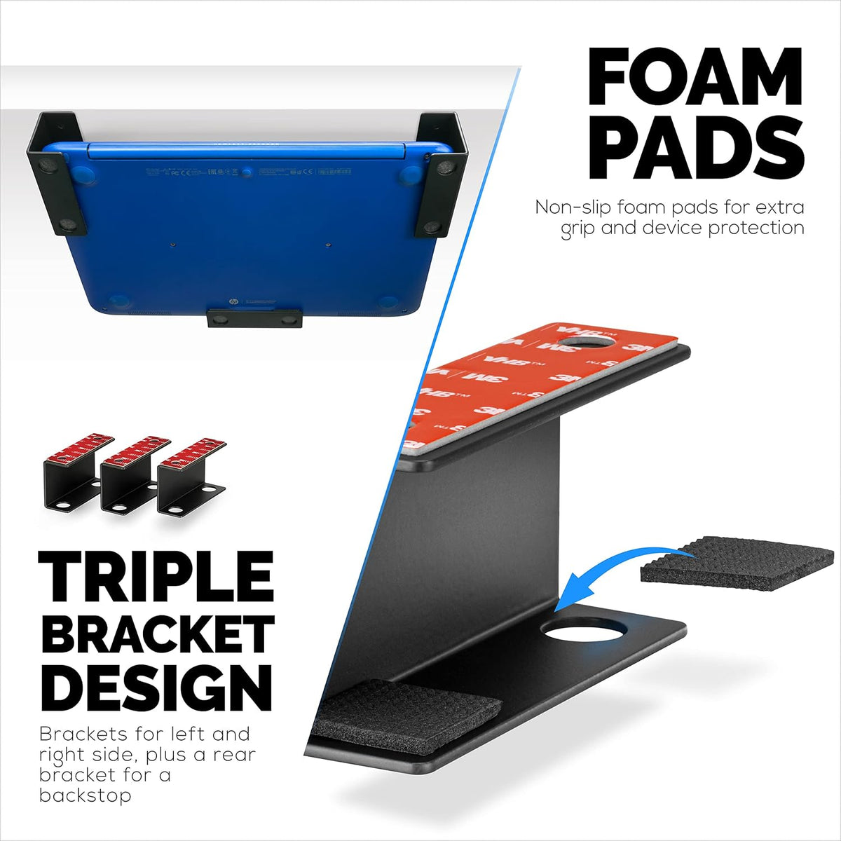 Under Desk Laptop Holder Mount For Desk, Adhesive & Screw In, Devices upto 1.5" Thick like Macbooks, Surface, Keyboard, Routers, Modems, Cable Box, Network Switch & More (Metal Black) By Brainwavz - Image 7