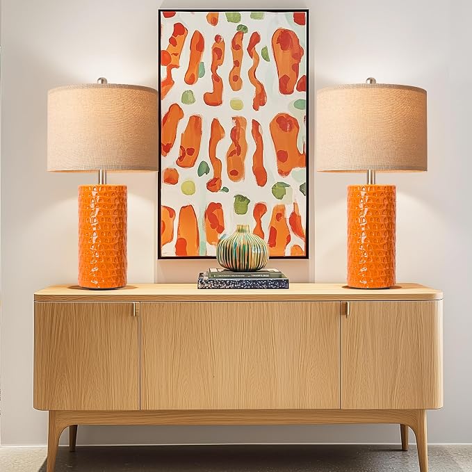 23" Modern Ceramic Table Lamp Set of 2, Table Lamps for Living Room, Rustic Farmhouse Bedside Lamps Nightstand lamp for Bedroom, Desk Lamp for End Table Home Decor Orange - Image 7