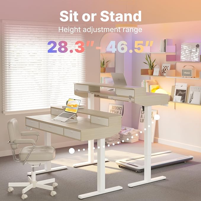 HUANUO 40 x 24 Inch Electric Standing Desk with 4 Drawers, Natural | 4 Drawers For Organized Storage, Raised Monitor Shelf, C-Clamp Mount Support, 4 Memory Presets, 28.3–46.5 Inch Height Range - Image 6