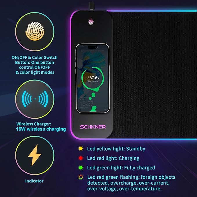 Schkner RGB Gaming Mouse Pad with Wireless Charging 15W, Large Desk Mat 800x300x4mm, 10 Light Modes Keyboard Pad with Non-Slip Rubber Base, Waterproof Mousepad for Gaming PC MacBook Laptop - Image 4