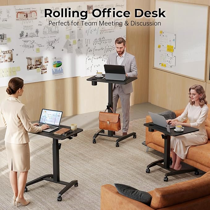 27" Mobile Rolling Standing Desk with Lockable Wheels, Black | Small Laptop Cart Height Adjustable with Cup Holder, Slot, Hook, Portable Pneumatic Teacher Rising Workstation for Classroom - Image 8