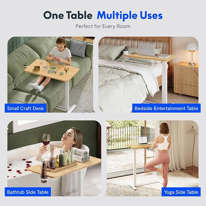 FLEXISPOT H7 32" Pneumatic Height-Adjustable Overbed Table with Wheels | C-shaped bedside table,Medical End Table,Rolling Cart TV Tray,Laptop desk for Hospital Home office use,31.5"Wx17.7"D,Maple - Image 8