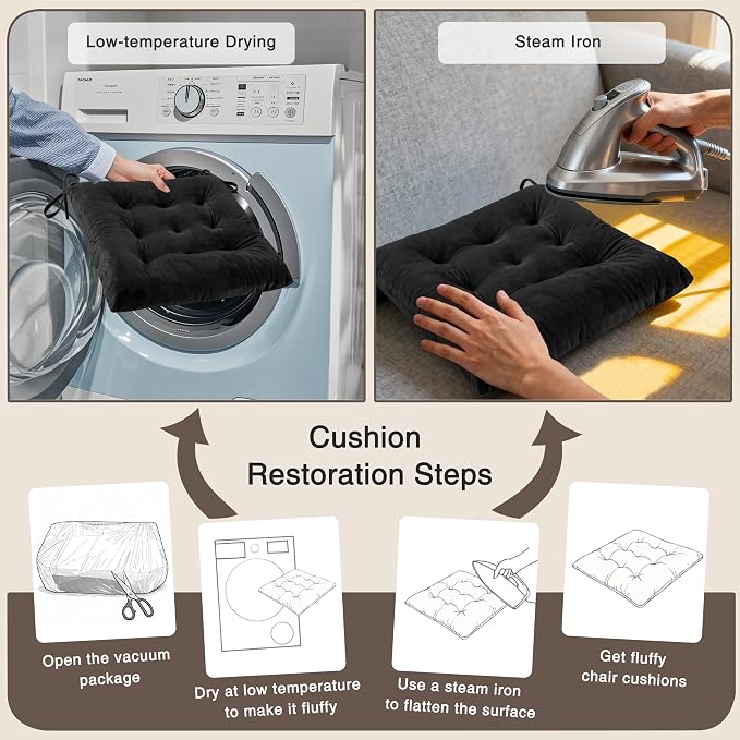 OVOV 6 Pack Chair Cushions for Dining Chairs 15.5"x15.5" Black | Soft-Touch Velvet Fabric for Farmhouse Decor, Fit for Kitchen Dining Office Chairs, Upgrade Chair Comfort, with Durable Ties - Image 7