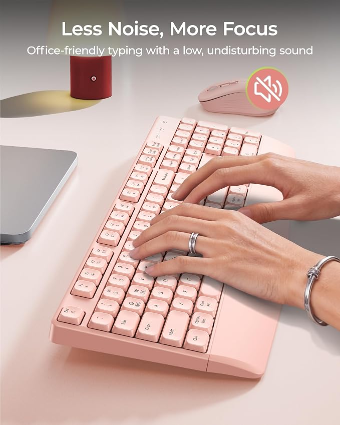 seenda Wireless Bluetooth Ergonomic Keyboard Mouse Combo, Full Size, Pink | USB/Bluetooth multi-device switching, with wrist rest, number pad, and quiet operation for PC, laptop, Mac, MacBook, and iPad - Image 5