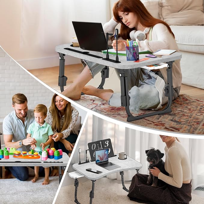 Lap Desk for Bed Adjustable Height, Foldable Bed Table with Storage Drawer, Tablet Slot & Cup Holder, Portable Laptop Stand for Bed & Sofa, Bed Desk for Adults & Kids, Light Stone Color - Image 9