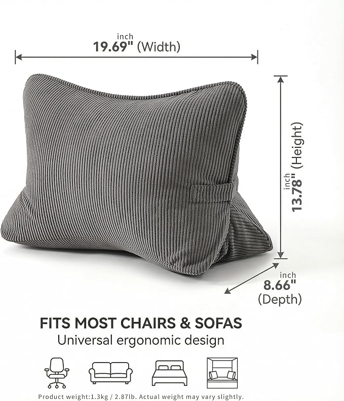 Pat. Pend. Corduroy Lumbar Support Backrest Pillow for Sitting & Reading, Ergonomic Triangle Cushion for Sofa, Armchair & Bed, Removable Cover, Dark Grey - Image 5