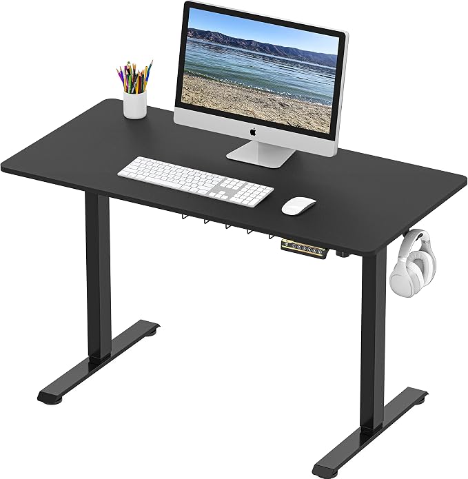 SHW 48-Inch Electric Height Adjustable Sit to Stand Desk, Black | with Hanging Hooks and Cable Management, Black Frame and Black Top - Image 3