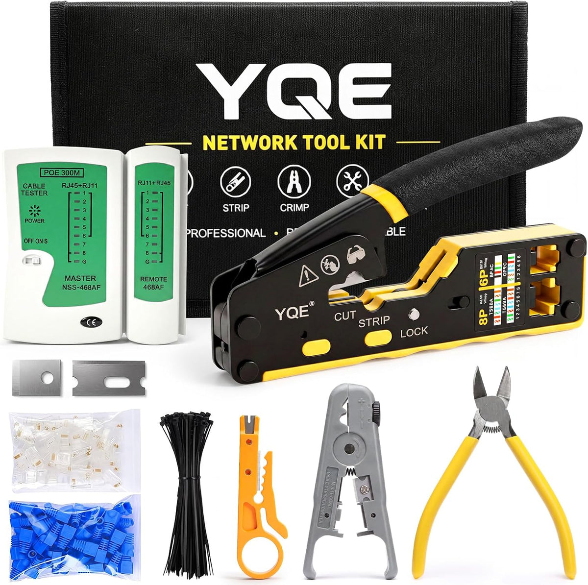 YQE RJ45 Crimp Tool Kit, Pass Through Ethernet Crimper, Crimping Tool, Network Tool Kit for Cat5, Cat5e, Cat6, RJ45, RJ11, RJ12 w/Carrying Case, Cable Tester, Stripper, Cutter, 50 Connectors & Boots by YQE