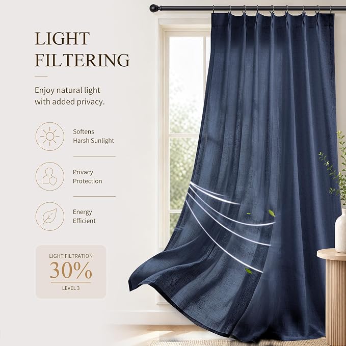 Hokibero Navy Blue Pleated Linen Curtains 90 Inch Long for Living Room | Light Filtering Sheer Curtain,Pinch Pleat Back Tab Hooks Rings,Farmhouse Textured Privacy Drapes for Bedroom Window,2 Panels - Image 6