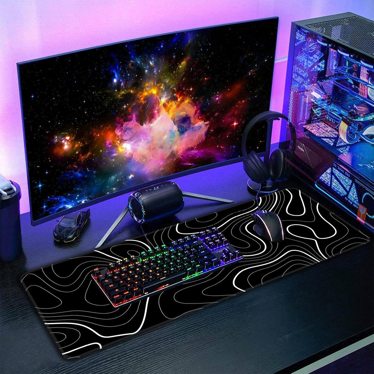Black Topographic Map Mouse Pad,XL 31.5"x11.8" Big Gaming Mousepad,Minimalist Lines Large Extended Mouse Mat,Non-Slip Rubber Base Waterproof with Stitched Edges for Gaming Office Home - Image 7