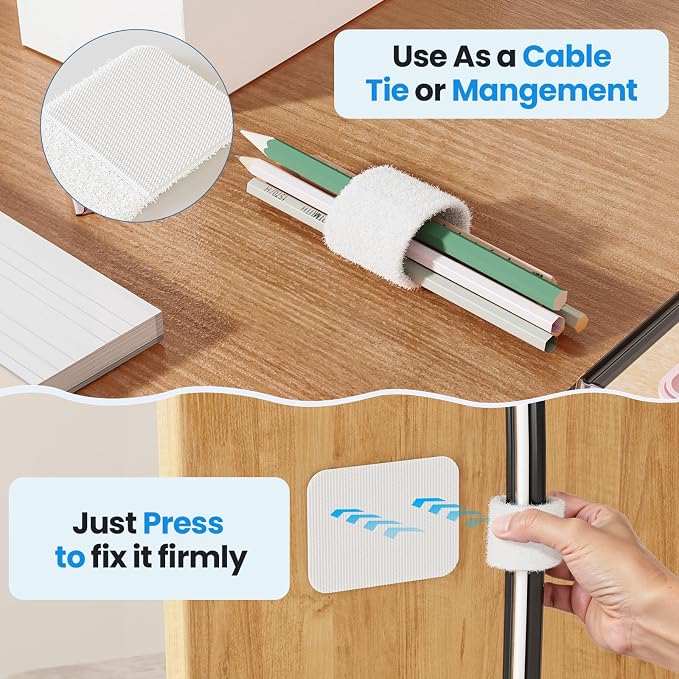 Cable Management Under Desk, 【Up to 15 Cord】【Enhanced Wire Holder】 Reusable Cord Organizer Holder, Adjustable Hook and Loop Cable Ties, Wire Clips Under Table Hider, 20 Pair(White) - Image 5