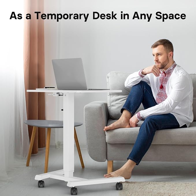 BONTEC Mobile Standing Desk Adjustable Height,Rolling Laptop Cart with Hook | Portable Workstation with Pneumatic Lift, Ergonomic Table with Wheels, Compact Home Office Desk, White 25.6" x 17.7" - Image 7