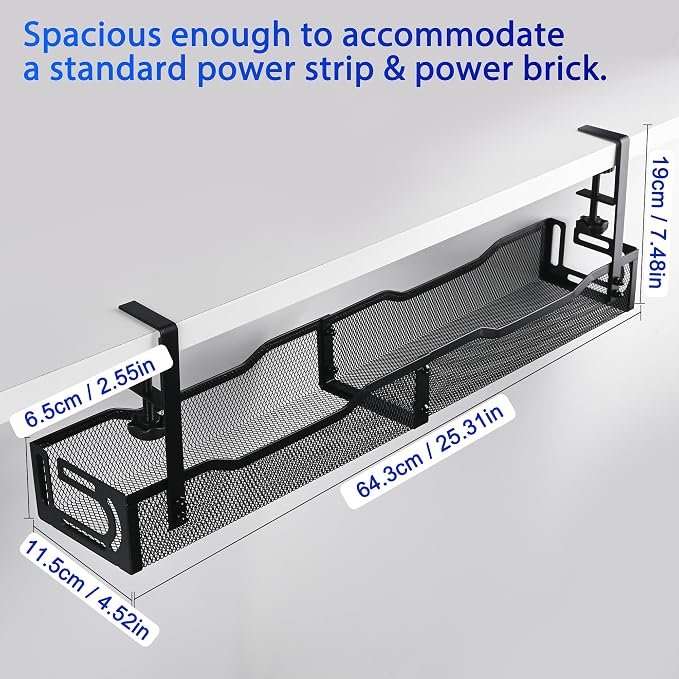 Under Desk Cable Management Tray 25.3 Inch, Clamp-On Cable Organizer Box for Standing Desks, No Drill Cord Management Under Desk, Large Desk Wire Organizer for Office & Home, Black - Image 4