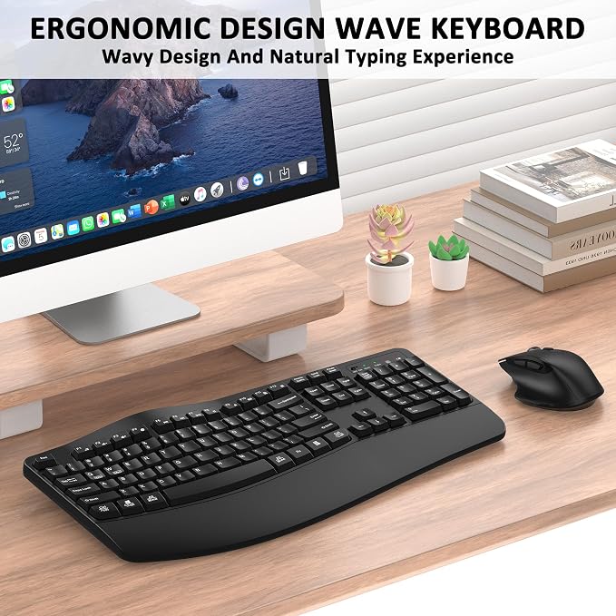 Wireless Keyboard and Mouse Combo, EDJO 2.4G Full-Sized Wave Keys Ergonomic Keyboard and Wireless Optical Mouse, Energy-Saving Wireless Mouse Keyboard for Computer, Mac, Laptop, PC, Windows(Black) - Image 3
