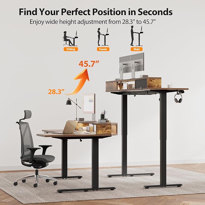 Agilestic 63*35 Inch L Shaped Standing Desk with Shelf & Led& Outlet, Brown | Outlets&Led, Monitor Shelf, L-shape Workspace, Sturdy Steel Frame, Memory Preset, Hooks, 154 lbs, Easy Assembly, Splice Board - Image 8
