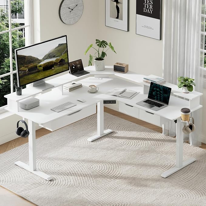MALOL 59" L Shaped Electric Standing Desk with Drawers, Height Adjustable Desk with Power Outlets & LED Lights, Monitor Stand, Corner Computer Desk for Home Office, White - Image 9
