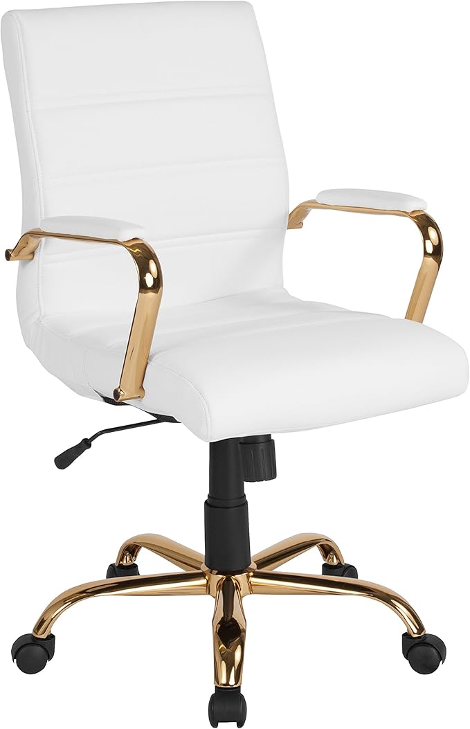Flash Furniture Mid-Back White LeatherSoft Executive Swivel Office Chair with Gold Frame and Arms by FlashFurniture
