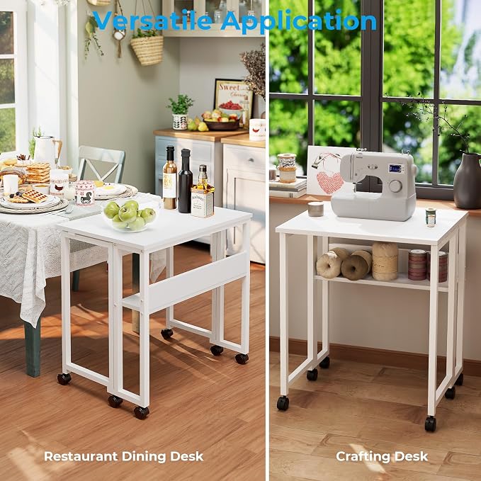 GreenForest Folding Desk with Wheels, 24.8" Rolling Table for Small Spaces | Storage Shelf, Lockable Casters, Compact Portable Workstation, Space-Saving Foldable Sofa Table, Home Office, Mobile, White - Image 7