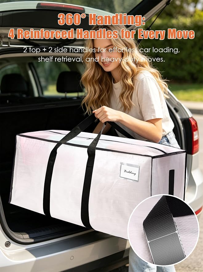 SWEET DOLPHIN 12 Pack 200LB Heavy-Duty Moving Bags with Wrap-Around Handles, Extra Large Storage Totes for Space Saving, Clothes Storage Bags, College Dorm Essentials, Semi-Transparent, 24 Gal - Image 5