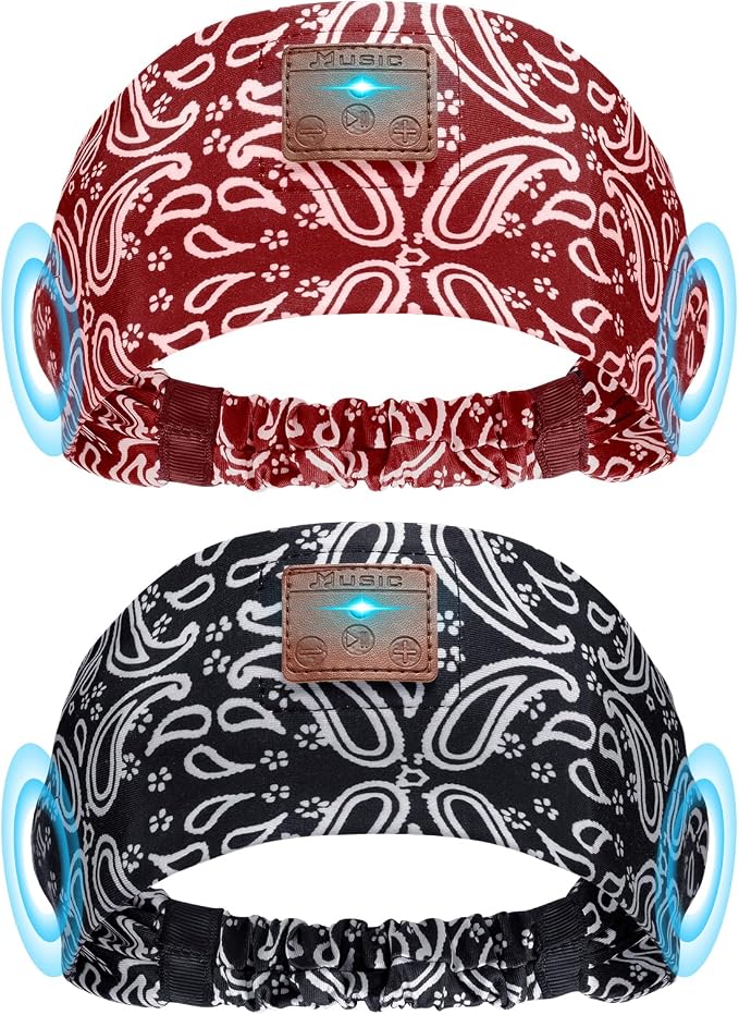 2-Pack Sleeping Headphones, Headband Headphones with Thin Speakers | Wireless Bluetooth Headband for Running Sports Workouts Yoga Travel Meditation Gift for Men Women - Pattern Black&Pattern Red by Mixiba