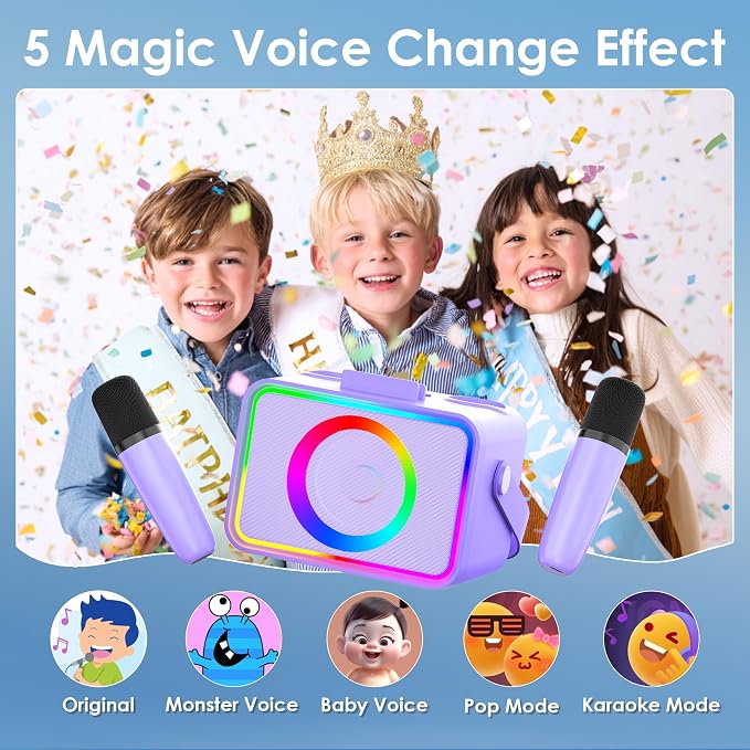 Karaoke Machine for Kids Adults,Portable Bluetooth Speaker with 2 Wireless Microphone with LED Lights, Karaoke Microphone with PA System Supports USB/TF/AUX,Gift for Party (Purple) - Image 3