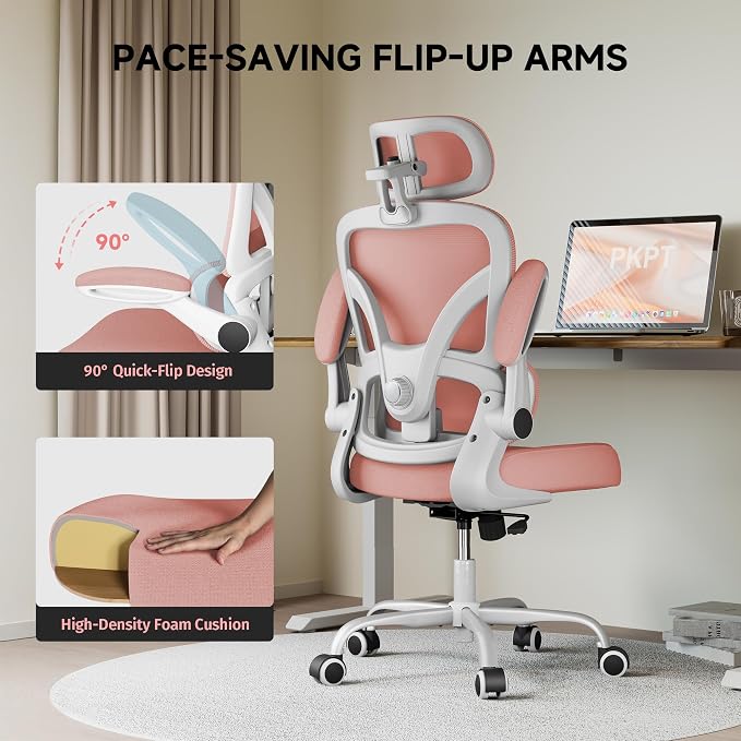 Ergonomic Office Chair, 330LBS Desk Chair with 3-Level Lumbar Support & Headrest, Breathable Mesh Backrest, Flip-Up Armrests for Home Office and Gaming, Pink - Image 7