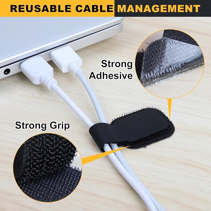 SummerBrite 56-Pack Self Adhesive Cable Straps, Heavy Duty Hook & Loop Ties with Strong Sticky Backing, Reusable Under Desk Cable Management Wire Organizers for Home Office PC, Black - Image 4