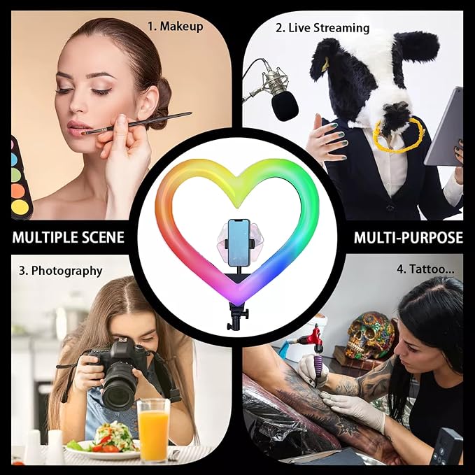 Heart Ring Light, 13" Desk Ring Light with Extendable Selfie Stick Stand for Laptop Video Conference Lighting with Phone Holder Height Adjustable 47 Color Modes for Live Stream/Makeup Compatible - Image 6