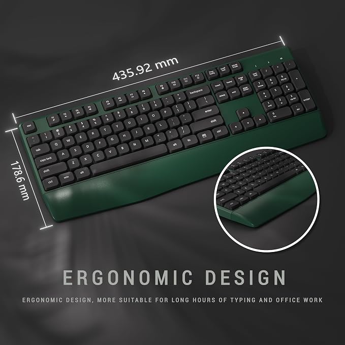 MPTOG Ergonomic Wireless Keyboard and Mouse Combo, Dark-Green Black | Computer Keyboard Mouse with Wrist Rest, BK Chipset, Full-Size Colorful, Power Button, USB Receiver for PC Laptop - Image 4