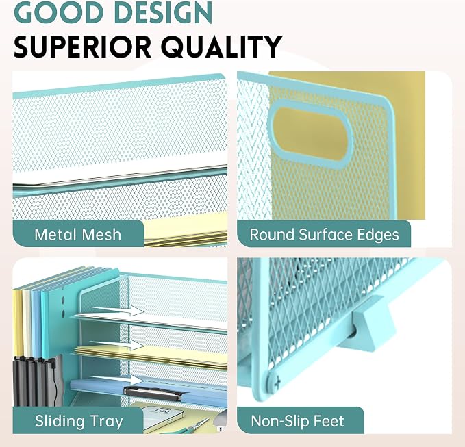 5-Tier Desk Organizer with File Holder & Pen Holder & Sliding Drawer, Blue | Mesh Metal Paper Letter Tray for Papers, Mail, Office Supplies, and Desk Accessories - Image 5