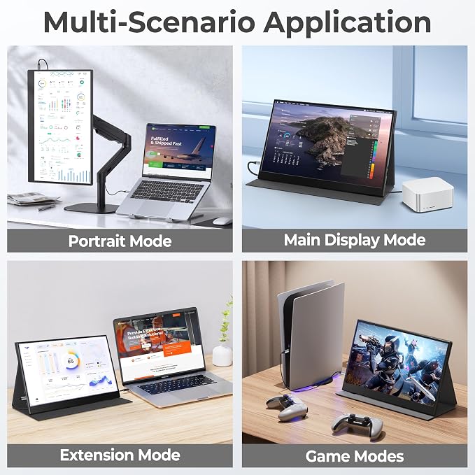 UFYQL 15.6 Inch Portable Monitor 1080P 60Hz FHD IPS Display with Case USB-C & HDMI, Ultra-Slim Travel & Gaming Monitor for Laptop MacBook Phone Xbox PS4/5 Switch - Image 4