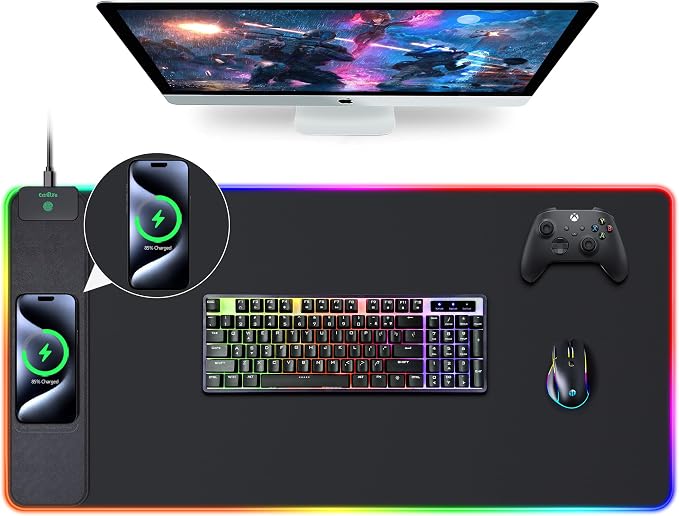 15W Wireless Charging RGB Mouse Pad, 31.5"x15.7", XXL Gaming Desk Mat | 15 Lighting Modes, Large Ultra-Smooth Surface, Non-Slip Rubber Base, Waterproof Computer Keyboard Pad for Desk, Office, Black by ExtreLife