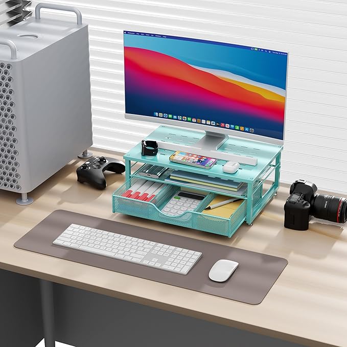 gianotter Computer Monitor Stand Riser with Drawer | Desk Organizers and Accessories Desk Accessories & Workspace Desktop Organizers Storage for Printer Stand (Blue) - Image 2