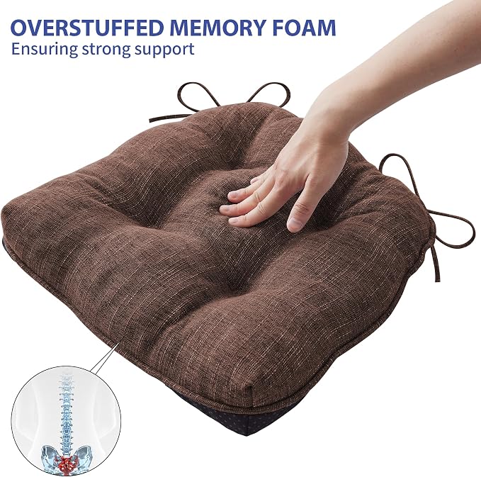 IPYNBAP Chair Cushions for Dining Chairs Set of 2, Kitchen Chair Cushions, Chair Pads with Ties and Non Slip Backing, Tufted Memory Foam Seat Cushion 2 Pack, 15.5" x 15.5" x 4", Brown - Image 5