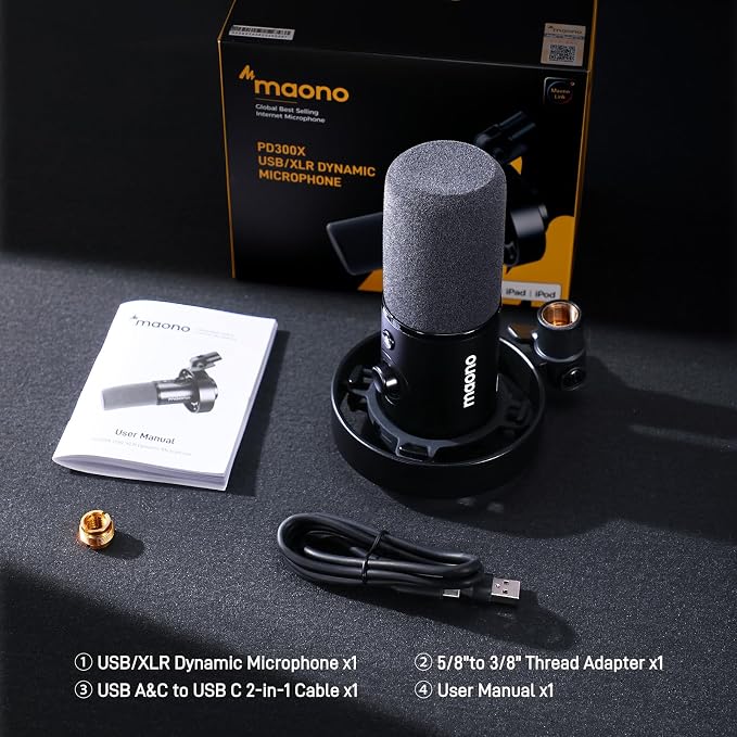 MAONO Dynamic Microphone-XLR USB Podcast Recording Mic with 192kHz/24bit | for Vocal Recording, Content Creation, Home Studio, Voiceover, with Noise Reduction, Mic Gain, Monitoring, Mute, PD300X - Image 9