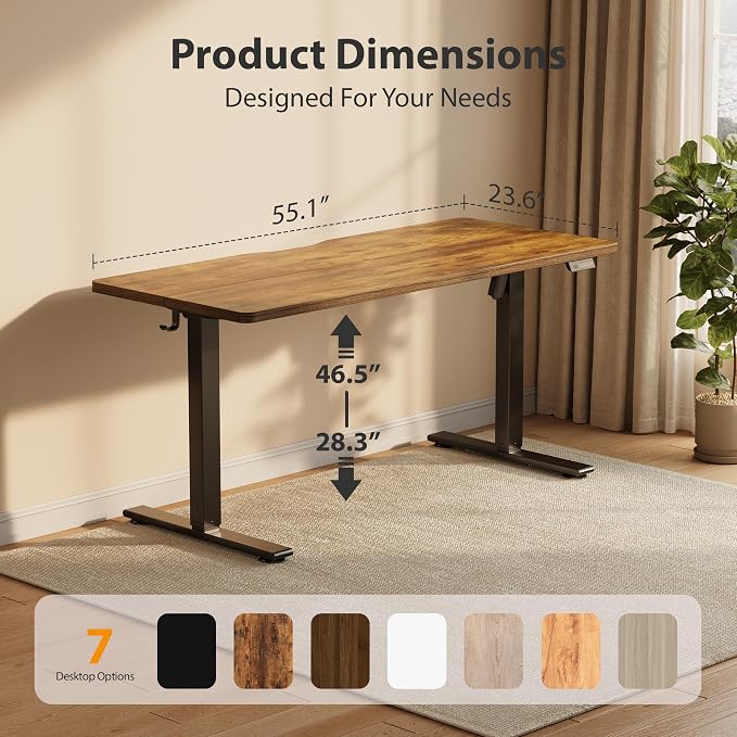 Cubiker Standing Desk, 55x24 Inches Sit Stand Home Office Desk, Electric Stand up Desk, Adjustable Desk with Splice Board, Black Frame/Rustic Brown Top - Image 2