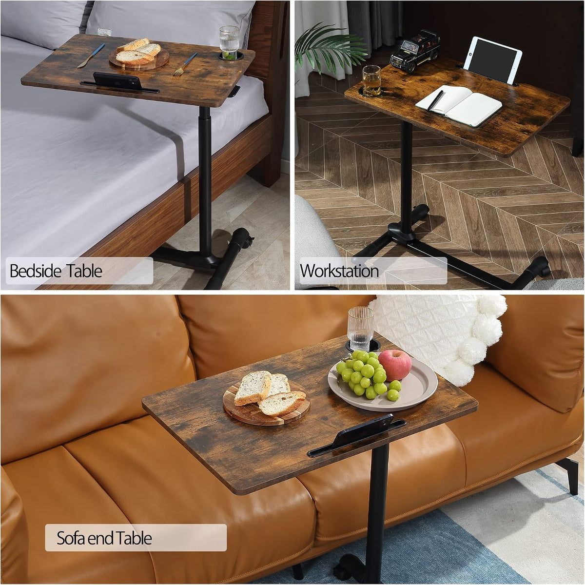 ETHU Overbed Table with Wheels, Height Adjustable 27.5-34.25", Walnut - Image 5