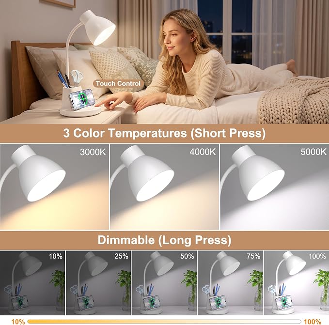 10W Wireless Charging LED Desk Lamp with Pen Holder, CRI 95, White | 800LM, 3 Modes, 360°Flexible Arm, Touch, Brightness, Table Lamp for Home Office, Dorm, Bedside, Study, Reading, with Adapter - Image 3