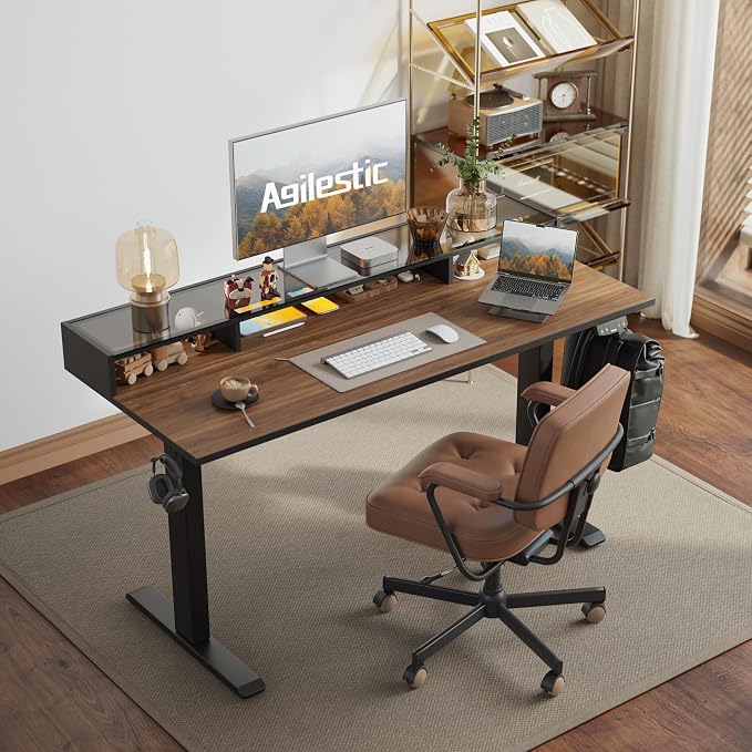 Agilestic 48 * 24 Inch Electric Standing Desk with Glass Shelf, Dark Walnut | Electric Height Adjustable, 2 Storage Drawer, Monitor Stand, Sturdy Steel Frame, Memory Presets, Hooks, 154 lbs, Splice Board - Image 2