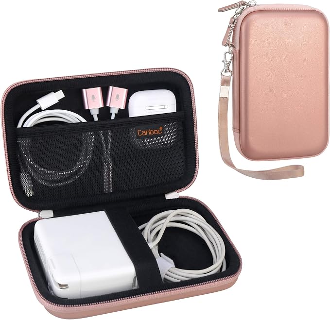 Canboc Carrying Case for MacBook Air Pro Charger MagSafe/MagSafe 2 Power Adapter, iPhone 16/16 Pro MagSafe Charger, USB C Hub, Type C Hub, USB Multiport Adapter, Hard Bag, Rose Gold+Black by Canboc