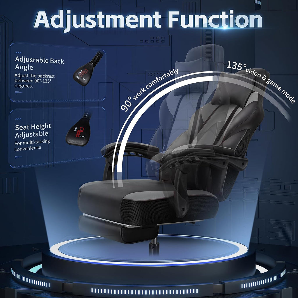 Big and Tall Gaming Chair, Footrest and Massage Lumbar Support, Grey - Image 6