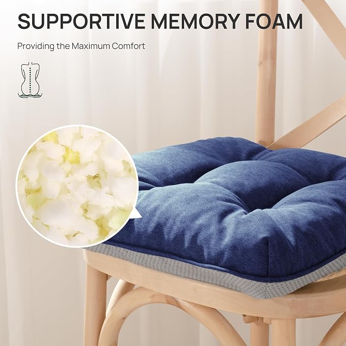Love's cabin Memory Foam Chair Cushions Set of 4, 15.5 Inch, Navy Blue | 15.5"x15.5"x3.5", Indoor & Outdoor Chair Seat Pads with Non-slip Bottom and Ties, for Dining, Kitchen, Office and Patio Chair - Image 3