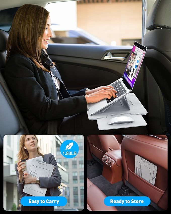 AboveTEK Adjustable Laptop Lap Desk, 3 Ergonomic Angles, PU Leather Non-Slip Surface, Heat Shield, Retractable Mouse Pad, Portable Laptop Lap pad for Bed, Sofa, Travel (Light Gray) - Image 6