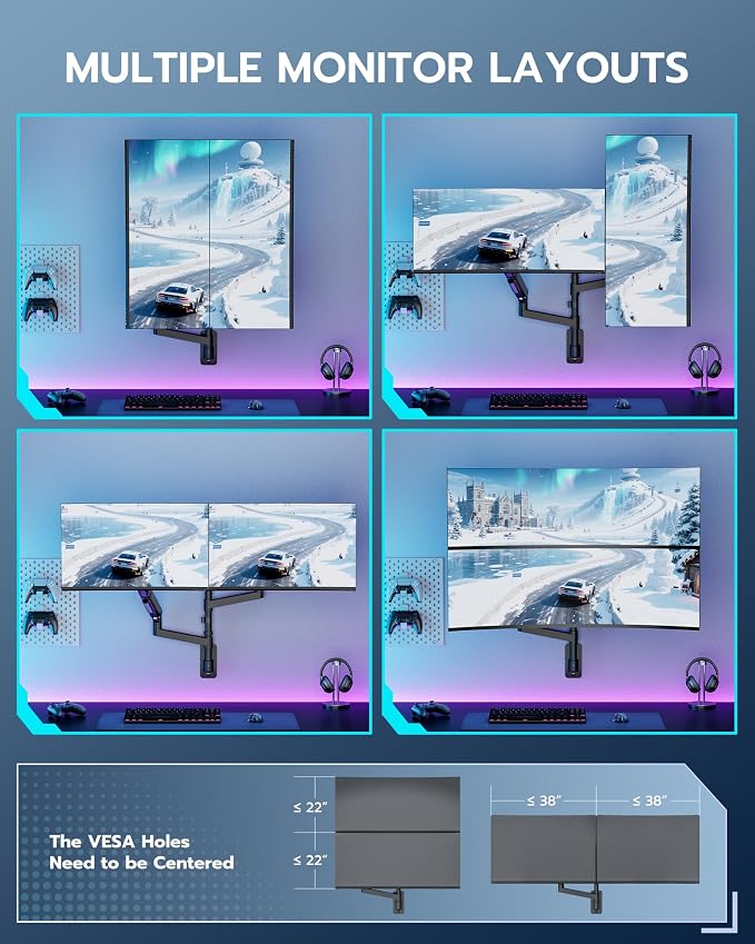 ARES WING Dual Monitor Wall Mount for 24-57 Inch Ultrawide Screen, Black | Premium Heavy Duty Gaming Monitor Arm for 60 lbs, Full Motion Gas Spring, Bearing Head for Easy Adjustment, 75/100 VESA Mount - Image 4