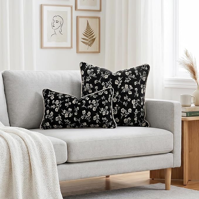 18x18 Chenille Jacquard Throw Pillow Cover, Black Vintage Floral Cushion Case with Piped Edges, Decorative Accent for Sofa, Couch & Bed, 2 Pack - Image 5