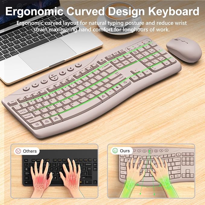Wireless Keyboard and Mouse Combo, 2.4G Quiet Ergonomic Curved Keys(Pink) - Image 2