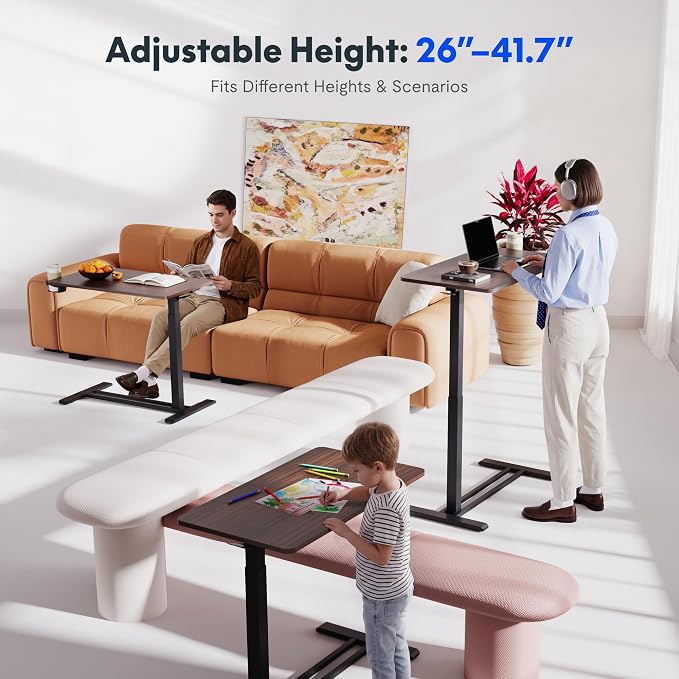 FLEXISPOT H7 28" Pneumatic Height-Adjustable Overbed Table with Wheels | C-shaped bedside table,Medical End Table,Rolling Cart TV Tray,Laptop desk for Hospital Home use,27.6"W x 15.7"D,Mahogany - Image 3
