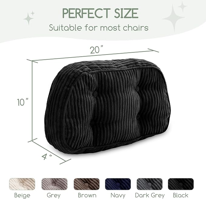HIGOGOGO Lumbar Support Pillow for Recliner Chair/Accent Chair/Couch/Office Chair, Tufted Corduroy Back Support Cushion for Elderly, Recliner Cushions for Back Rest, Pain Relief, Reading, Black - Image 3